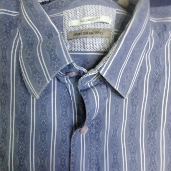 Johnson‎ & Murphy Mens Large Blue Striped Button Cotton Shirt - Picture 10 of 10